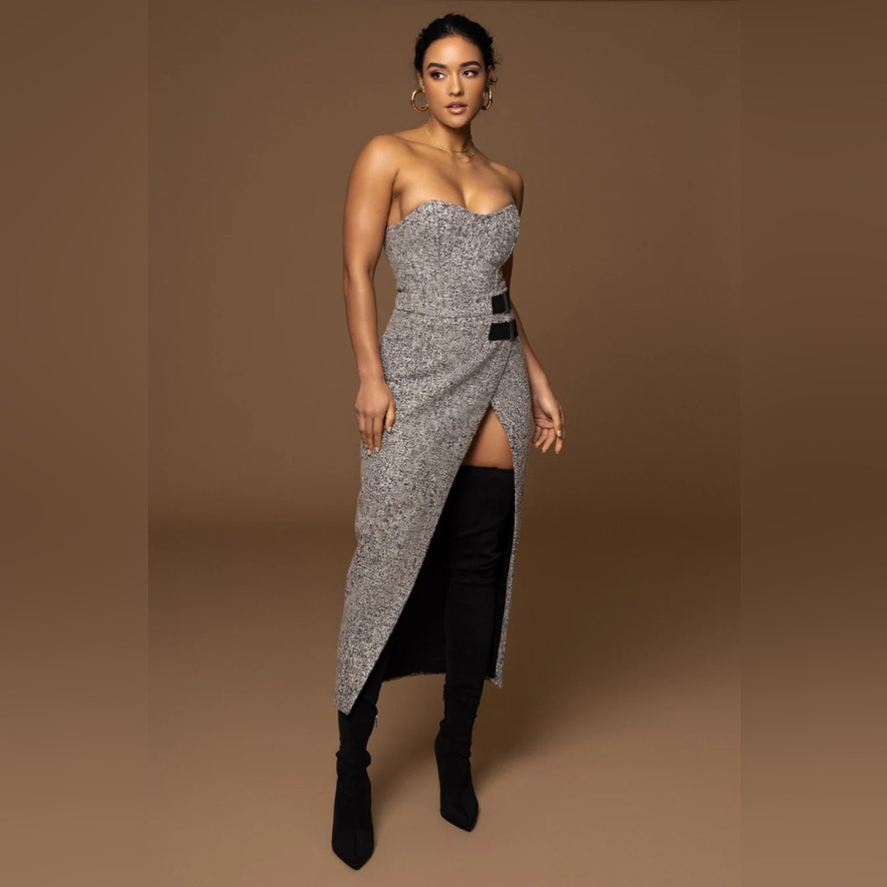 JLuxLabel Lt. Grey Tweed Corset and Skirt Set
